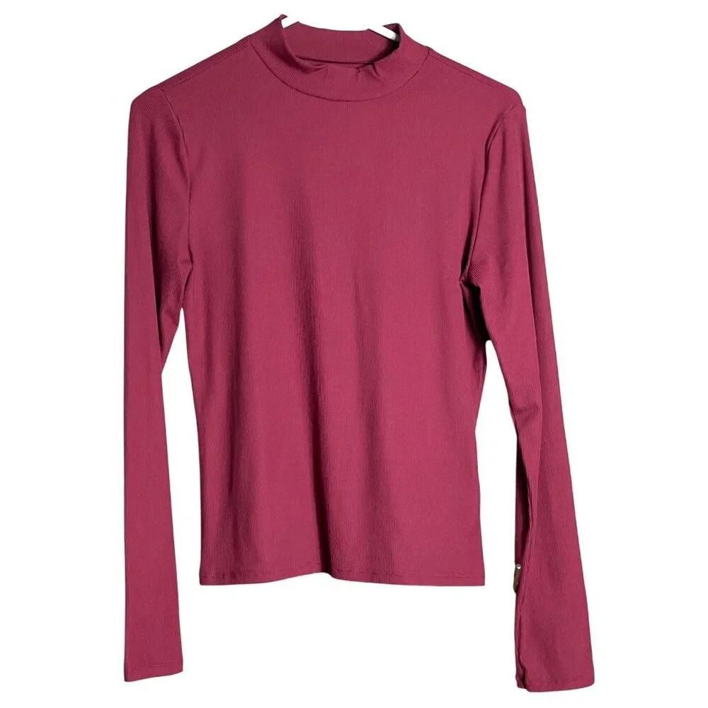 Maroon Mock Neck Shirt No Boundaries Long Slv Capsule Preppy Basic Layer Women M - Picture 1 of 5